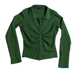 Stradivarius Green Ruched Button Front Shirt Blouse Size S Textured Long Sleeve